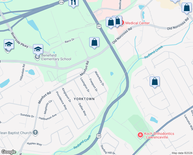map of restaurants, bars, coffee shops, grocery stores, and more near 418 Waterbury Drive in Lawrenceville