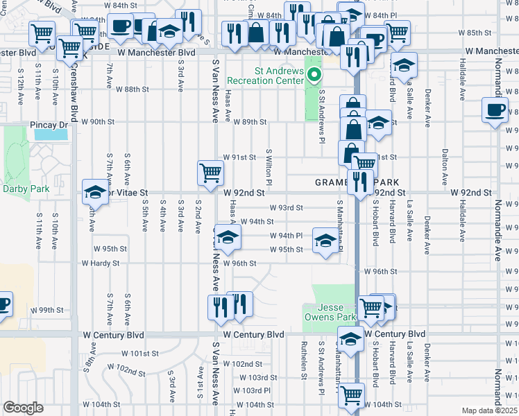 map of restaurants, bars, coffee shops, grocery stores, and more near 2027 West 93rd Street in Los Angeles