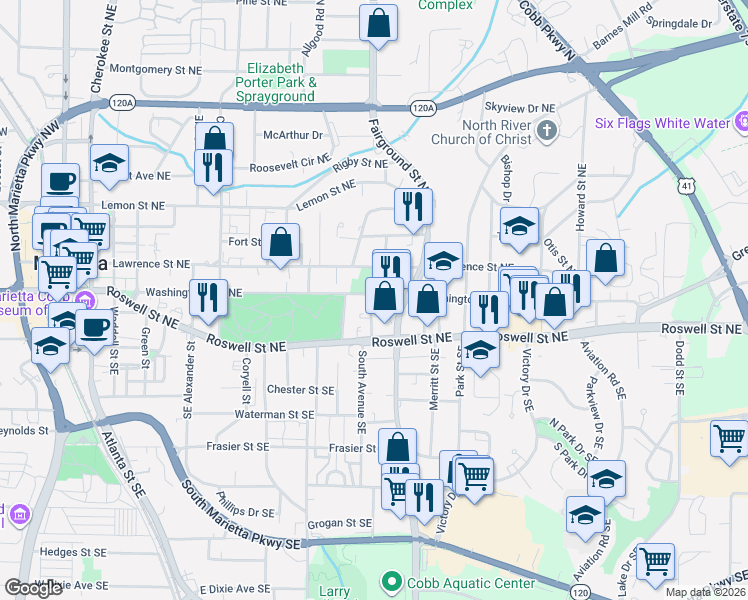 map of restaurants, bars, coffee shops, grocery stores, and more near 523 Washington Avenue Northeast in Marietta