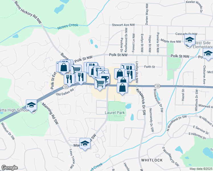 map of restaurants, bars, coffee shops, grocery stores, and more near 770 Whitlock Avenue Northwest in Marietta