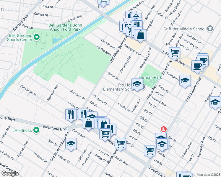 map of restaurants, bars, coffee shops, grocery stores, and more near 7431 Buell Street in Downey