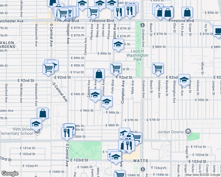 map of restaurants, bars, coffee shops, grocery stores, and more near 9315 Firth Boulevard in Los Angeles