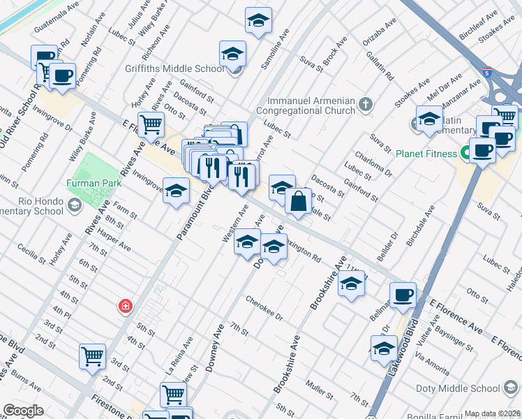map of restaurants, bars, coffee shops, grocery stores, and more near 8130 Florence Avenue in Downey