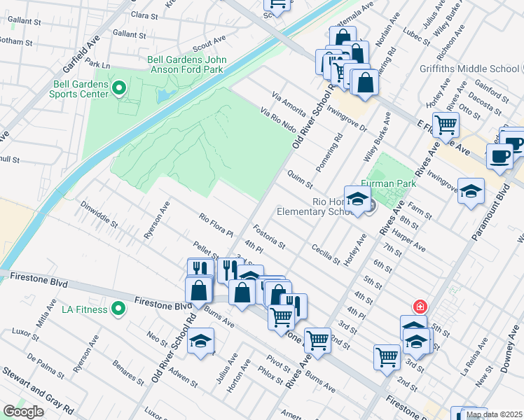 map of restaurants, bars, coffee shops, grocery stores, and more near 10702 Old River School Road in Downey