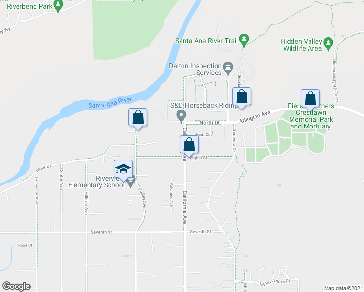 map of restaurants, bars, coffee shops, grocery stores, and more near 4738 California Avenue in Norco