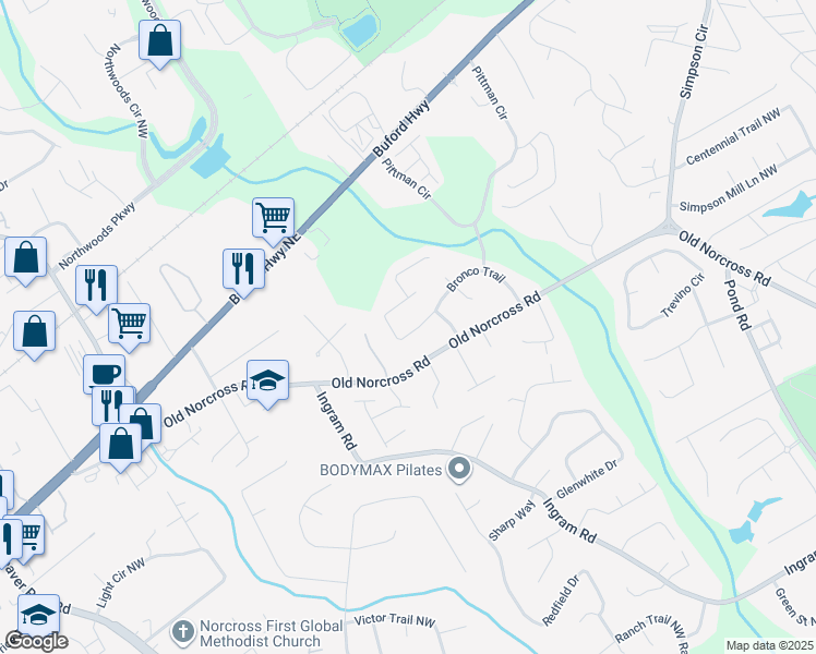 map of restaurants, bars, coffee shops, grocery stores, and more near 2494 Bronco Trail in Duluth