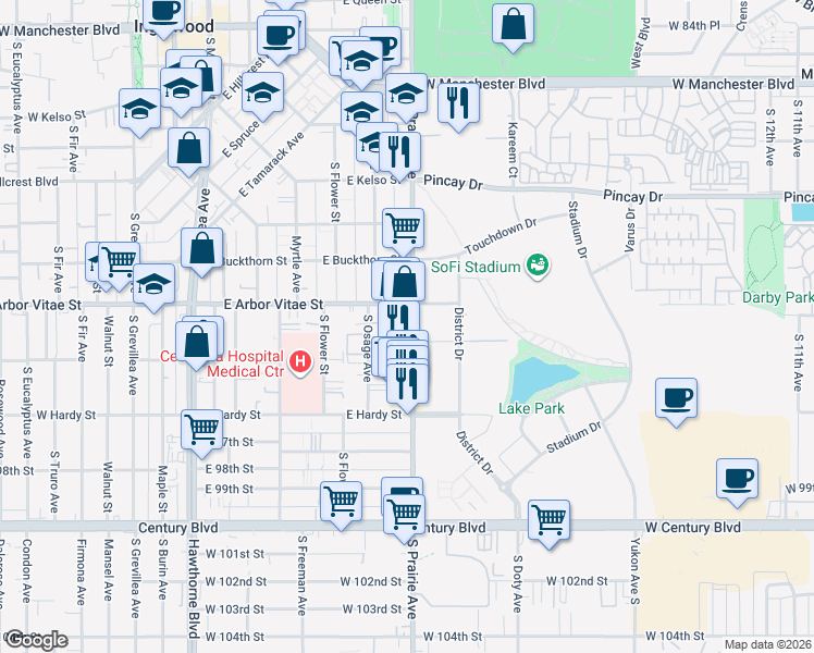 map of restaurants, bars, coffee shops, grocery stores, and more near 910 South Prairie Avenue in Inglewood