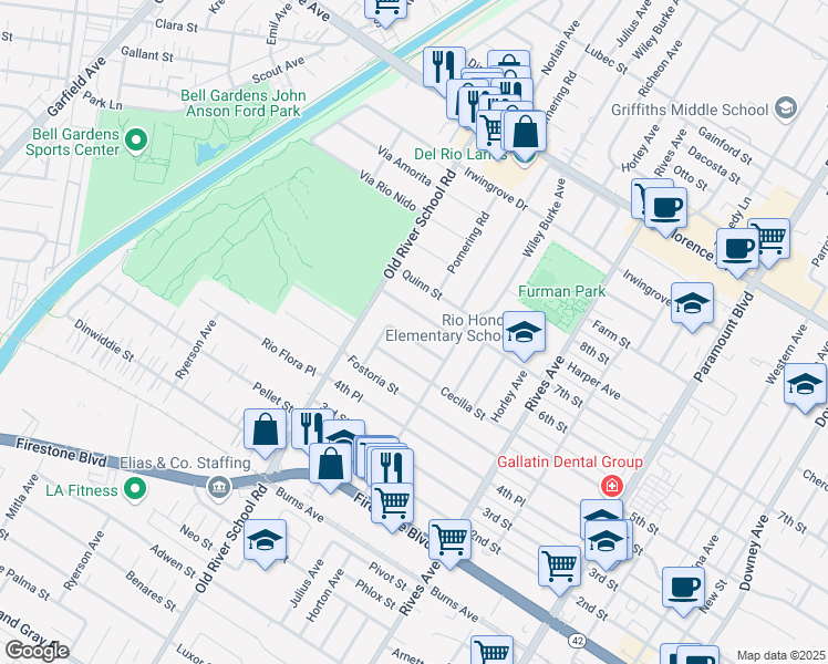 map of restaurants, bars, coffee shops, grocery stores, and more near 7431 Buell Street in Downey