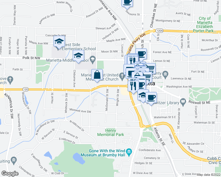 map of restaurants, bars, coffee shops, grocery stores, and more near 95 Whitlock Avenue Southwest in Marietta