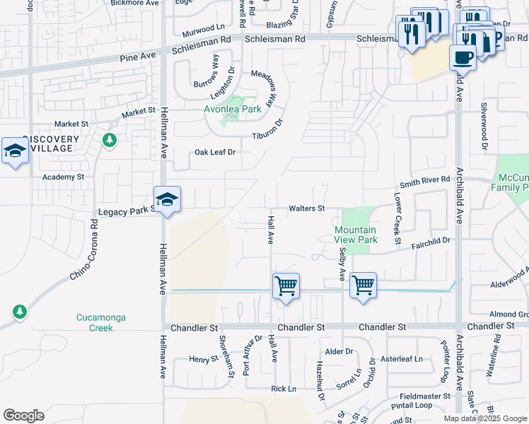 map of restaurants, bars, coffee shops, grocery stores, and more near 14702 Walters Street in Corona