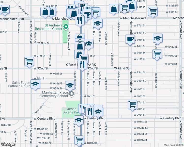 map of restaurants, bars, coffee shops, grocery stores, and more near 9221 Harvard Boulevard in Los Angeles
