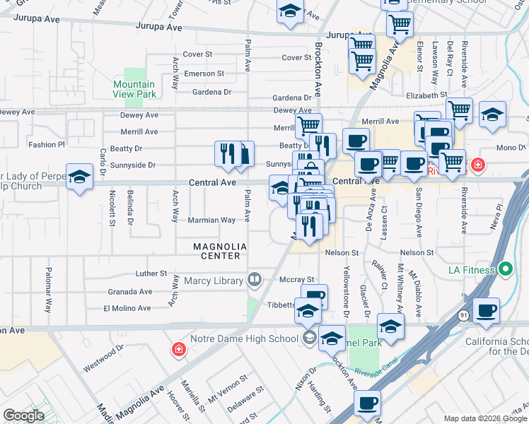 map of restaurants, bars, coffee shops, grocery stores, and more near 6655 School Circle Drive in Riverside