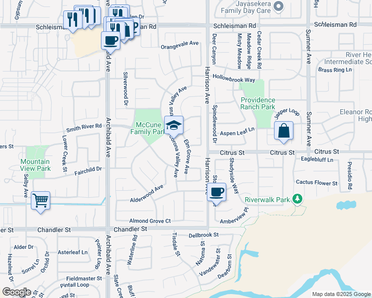 map of restaurants, bars, coffee shops, grocery stores, and more near 7489 Elm Grove Avenue in Corona