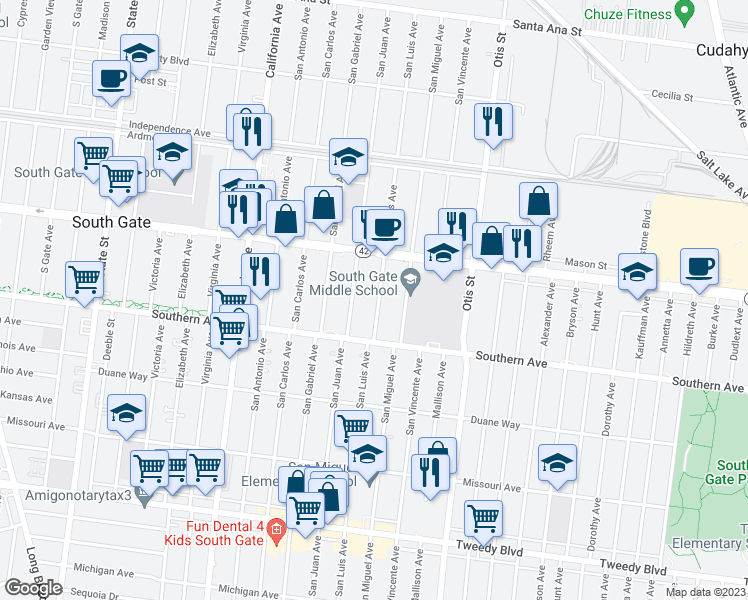 map of restaurants, bars, coffee shops, grocery stores, and more near 8959 San Luis Avenue in South Gate