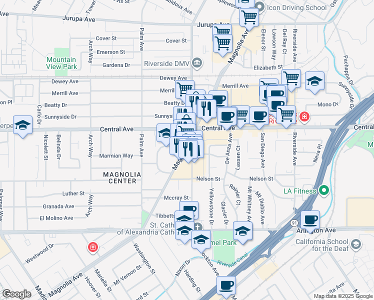 map of restaurants, bars, coffee shops, grocery stores, and more near 6665 Magnolia Avenue in Riverside