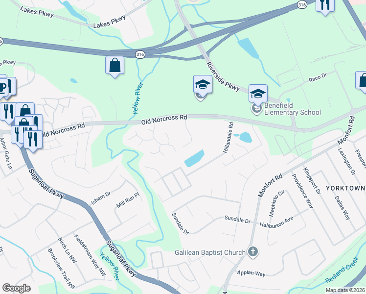 map of restaurants, bars, coffee shops, grocery stores, and more near 500 Brass Key Court in Lawrenceville