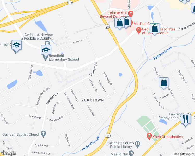 map of restaurants, bars, coffee shops, grocery stores, and more near Freeport Drive in Lawrenceville