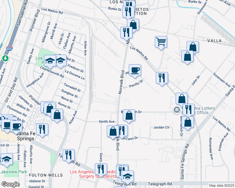 map of restaurants, bars, coffee shops, grocery stores, and more near 9615 Norwalk Boulevard in Santa Fe Springs