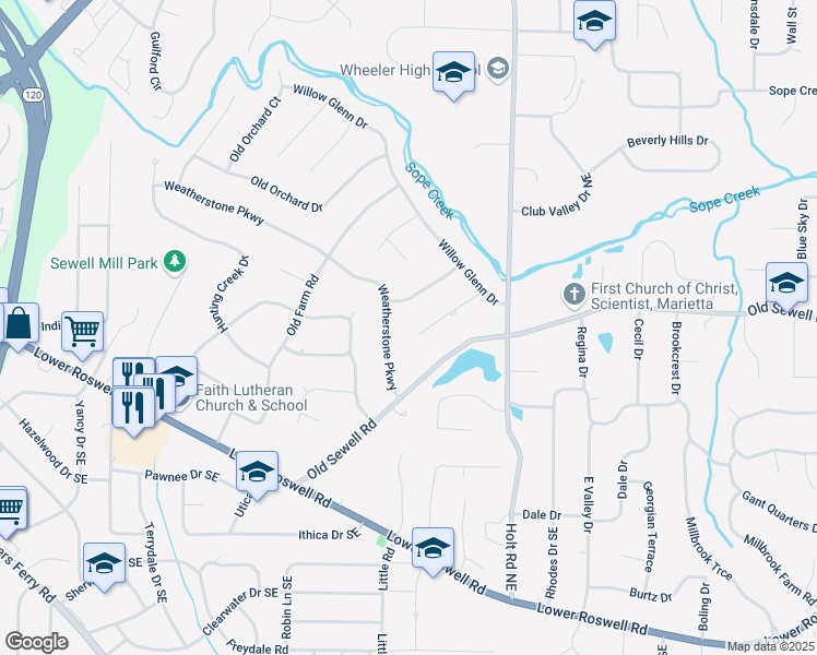 map of restaurants, bars, coffee shops, grocery stores, and more near 2420 Woodmere Drive in Marietta