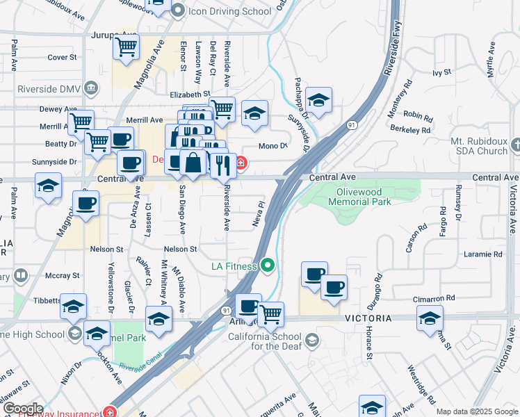 map of restaurants, bars, coffee shops, grocery stores, and more near 6346 Neva Place in Riverside