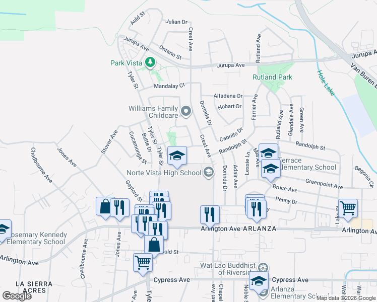 map of restaurants, bars, coffee shops, grocery stores, and more near 10155 Hillsborough Lane in Riverside