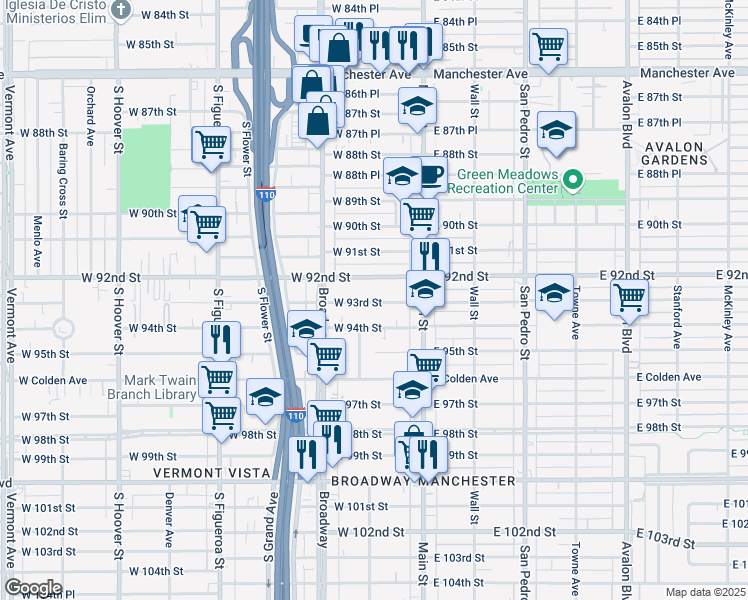 map of restaurants, bars, coffee shops, grocery stores, and more near 210 West 92nd Street in Los Angeles