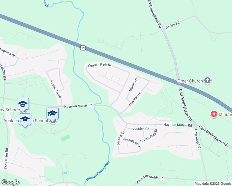map of restaurants, bars, coffee shops, grocery stores, and more near 935 Kendall Park Drive in Winder