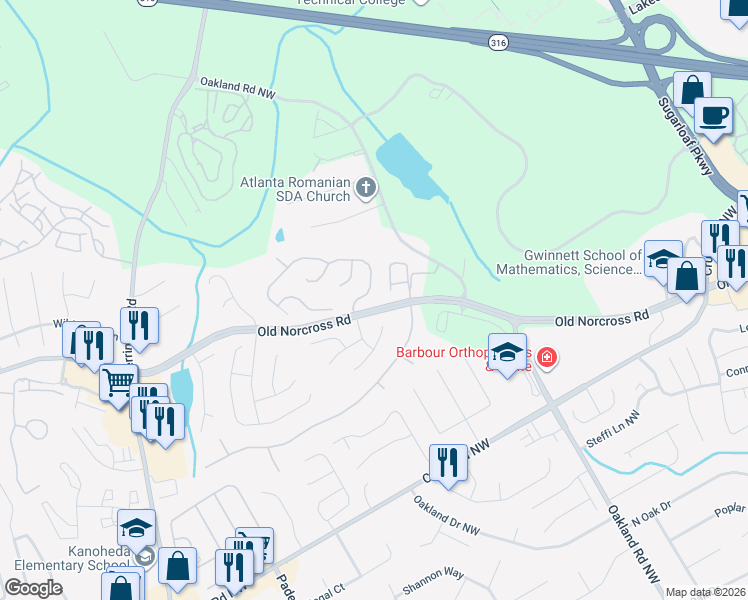map of restaurants, bars, coffee shops, grocery stores, and more near 1165 Carlysle Park Drive in Lawrenceville