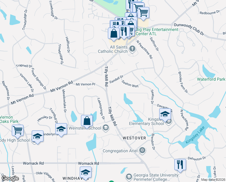 map of restaurants, bars, coffee shops, grocery stores, and more near 2341 Sandell Drive in Dunwoody