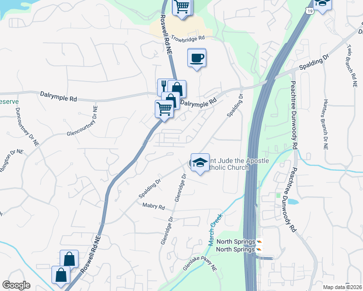 map of restaurants, bars, coffee shops, grocery stores, and more near 7510 Highland Bluff in Atlanta