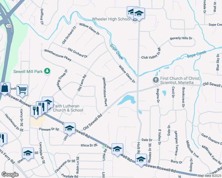 map of restaurants, bars, coffee shops, grocery stores, and more near 2420 Woodmere Drive in Marietta