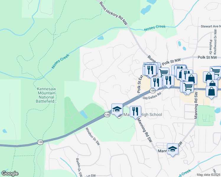 map of restaurants, bars, coffee shops, grocery stores, and more near 1275 Whitlock Ridge Drive in Marietta
