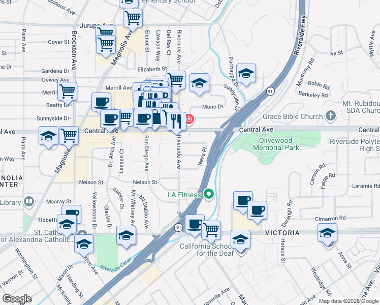 map of restaurants, bars, coffee shops, grocery stores, and more near 3483 Wanda Way in Riverside