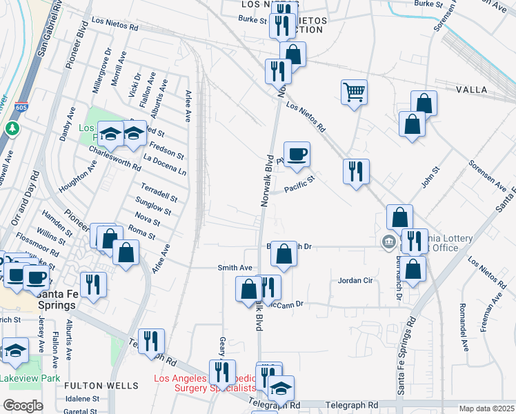map of restaurants, bars, coffee shops, grocery stores, and more near 9615 Norwalk Boulevard in Santa Fe Springs