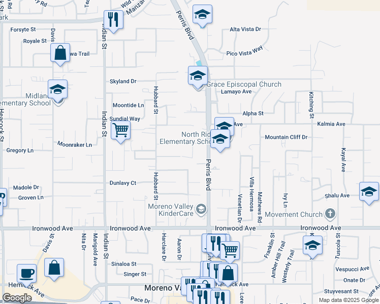 map of restaurants, bars, coffee shops, grocery stores, and more near 11637 Sable Way in Moreno Valley