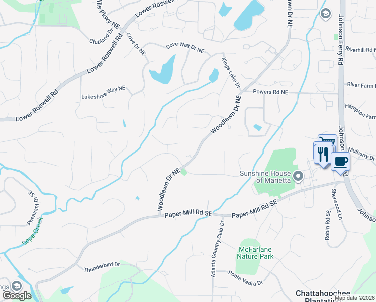 map of restaurants, bars, coffee shops, grocery stores, and more near 127 Woodlawn Drive Northeast in Marietta