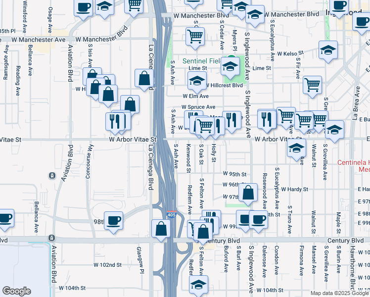 map of restaurants, bars, coffee shops, grocery stores, and more near 917 Kenwood Street in Inglewood