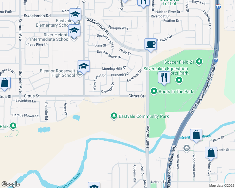 map of restaurants, bars, coffee shops, grocery stores, and more near 7497 Carrollton Place in Corona