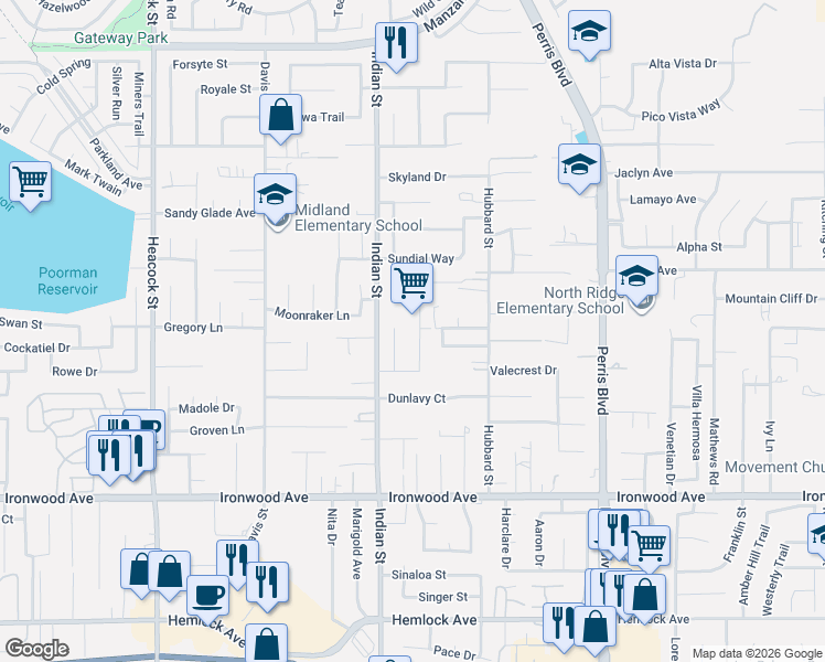 map of restaurants, bars, coffee shops, grocery stores, and more near 11633 Prosperity Lane in Moreno Valley
