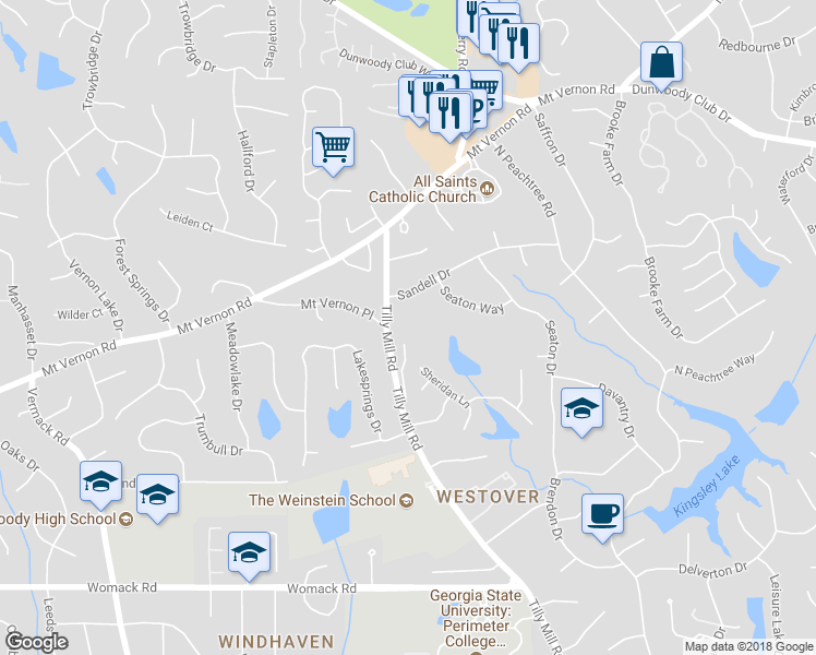 map of restaurants, bars, coffee shops, grocery stores, and more near 5501 Tilly Mill Road in Dunwoody