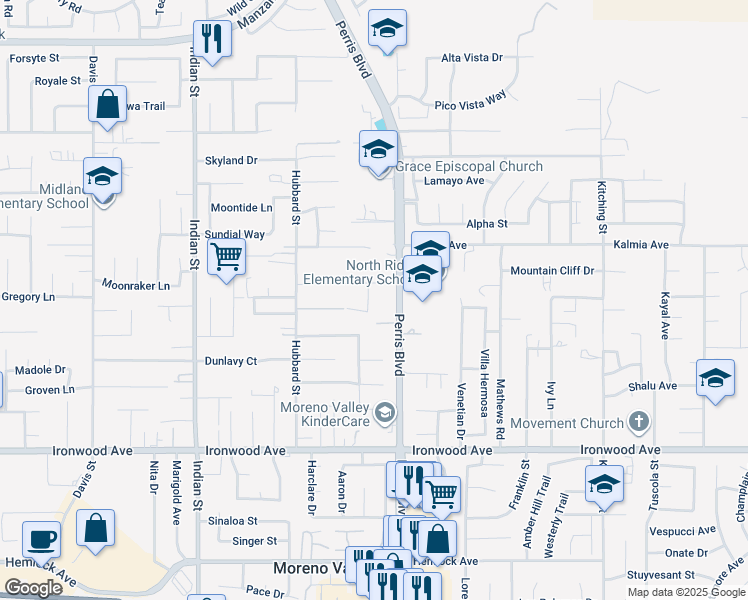 map of restaurants, bars, coffee shops, grocery stores, and more near 11634 Sable Way in Moreno Valley
