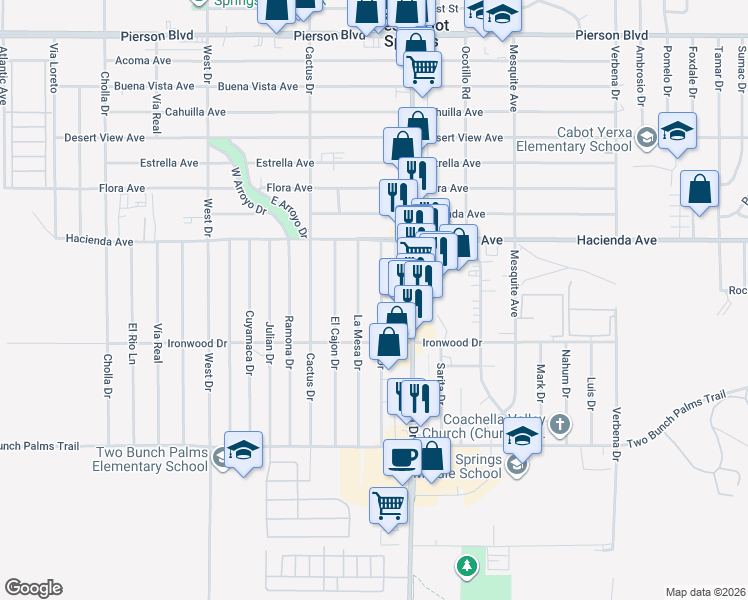 map of restaurants, bars, coffee shops, grocery stores, and more near 13285 Caliente Drive in Desert Hot Springs