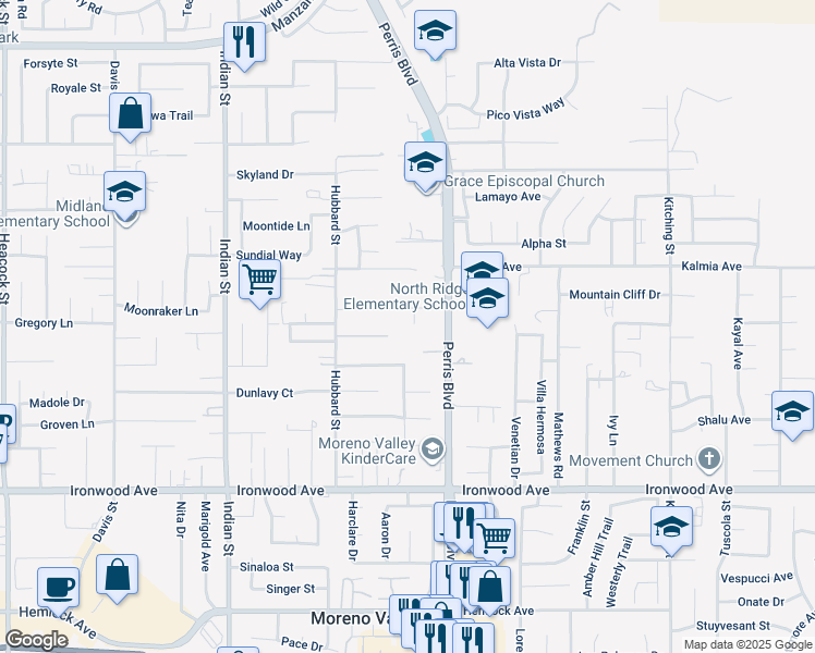 map of restaurants, bars, coffee shops, grocery stores, and more near 11637 Sable Way in Moreno Valley