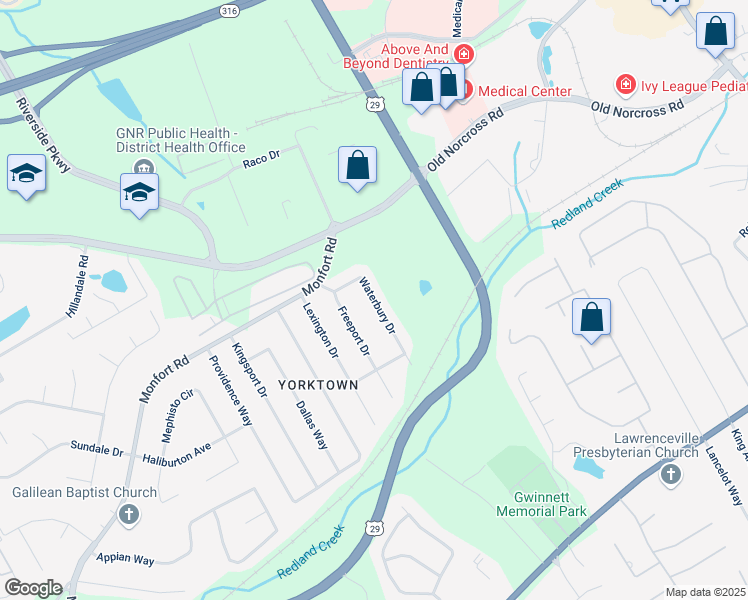 map of restaurants, bars, coffee shops, grocery stores, and more near 416 Waterbury Drive in Lawrenceville