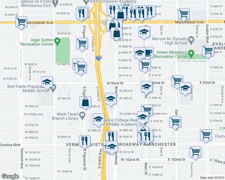 map of restaurants, bars, coffee shops, grocery stores, and more near 305 West 93rd Street in Los Angeles