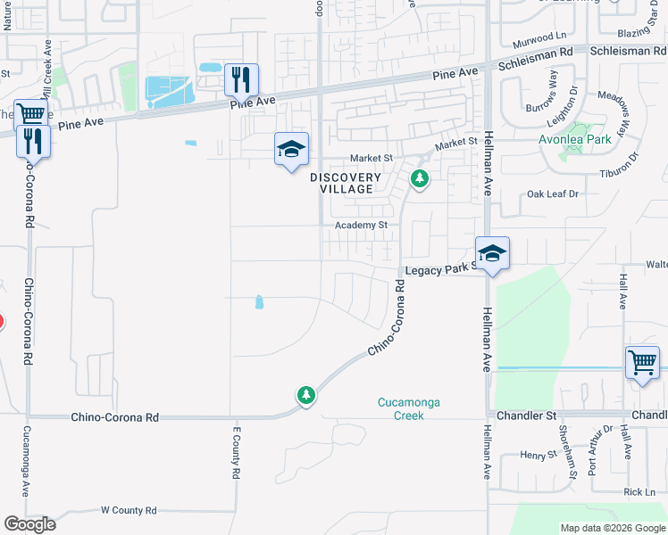 map of restaurants, bars, coffee shops, grocery stores, and more near 8528 Toyon Street in Chino
