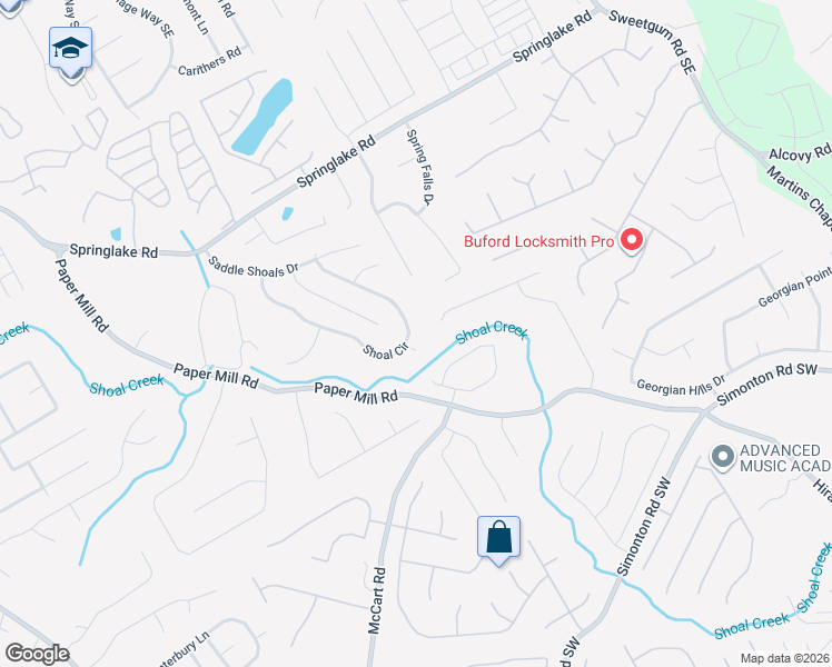 map of restaurants, bars, coffee shops, grocery stores, and more near 587 Shoal Circle in Lawrenceville