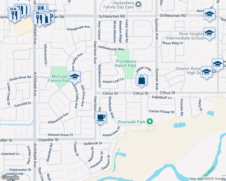 map of restaurants, bars, coffee shops, grocery stores, and more near 13688 Heatherwood Drive in Corona