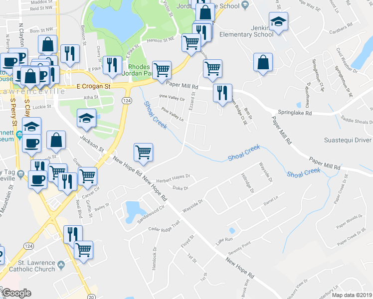 map of restaurants, bars, coffee shops, grocery stores, and more near 117 Ezzard Street in Lawrenceville