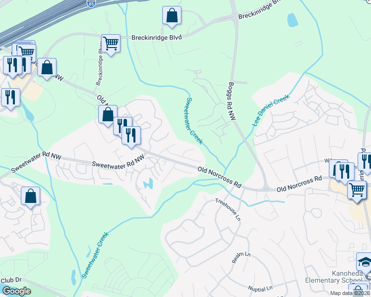 map of restaurants, bars, coffee shops, grocery stores, and more near 2851 Weston Brook Court in Duluth
